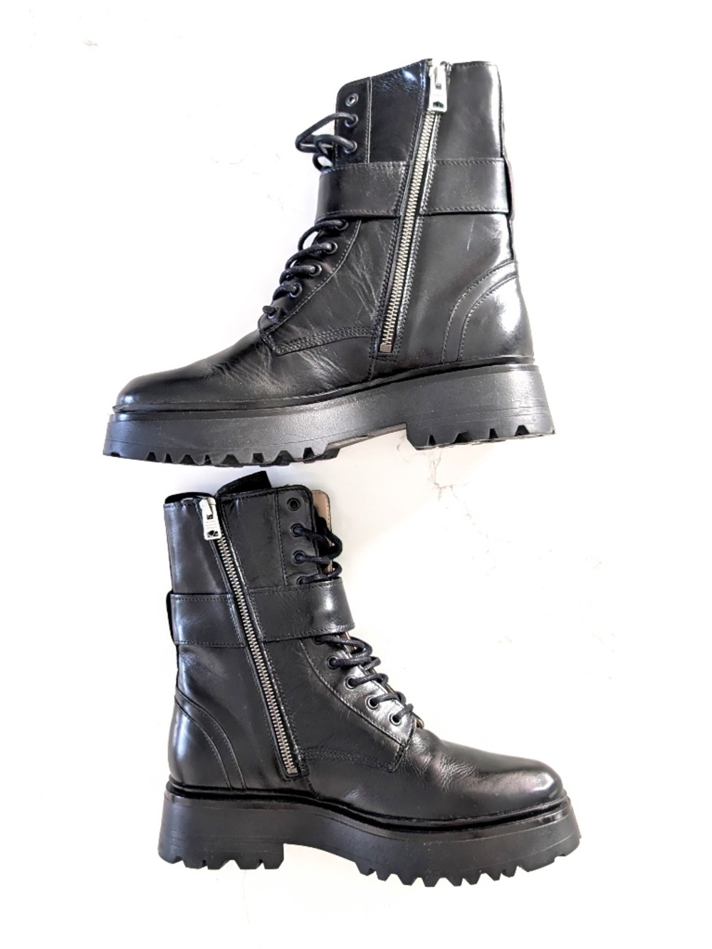 AllSaints Onyx Combat Boots Black Leather Chunky Lug Sole Moto Zip US 10 EU 40